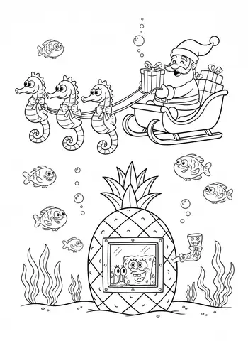 Santa Claus Underwater with SpongeBob Free Printable Coloring Pages